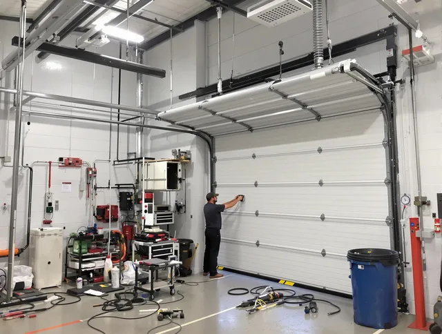 Powell Garage Door Repair certified technician performing commercial door repair at a Powell business facility