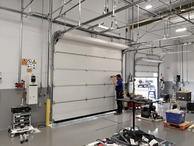 Commercial garage door repair being performed by Powell Garage Door Repair expert in Powell