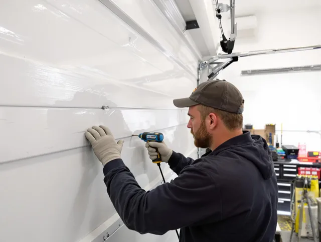 Powell Garage Door Repair technician demonstrating precision dent removal techniques on a Powell garage door