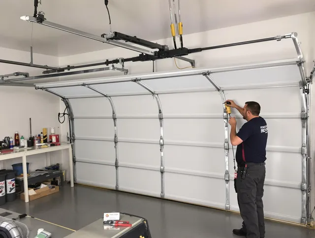 Powell Garage Door Repair certified technician performing overhead door system repair in Powell