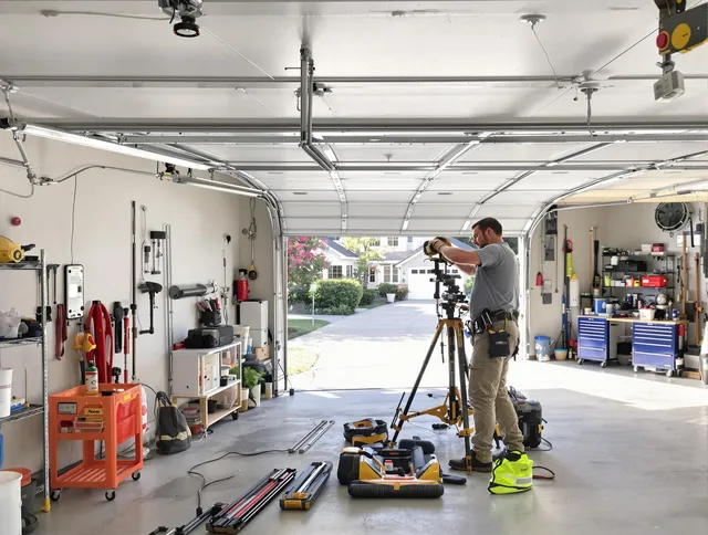 Powell Garage Door Repair specialist performing laser-guided track alignment in Powell